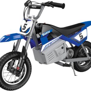 Razor MX350 Dirt Rocket Electric Bike for Kids Ages 8+, 140 lb Max Weight, Blue – 24V Battery, Up to 14 Mph, 30-Min Ride Time on High Speed, Twist-Grip Throttle, Spoked Wheels w/ 12” Pneumatic Tires